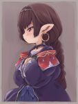  1girl black_robe braid braided_ponytail brown_background brown_eyes brown_hair circlet earrings granblue_fantasy haaselia harvin highres jewelry kohaku_q long_hair petite pointy_ears robe solo 