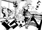  3girls bow debris destruction dress fisheye floating_hair fujiwara_no_mokou full_body gloom_(expression) greyscale headbutt highres houraisan_kaguya indoors kamishirasawa_keine leaning_forward long_hair looking_at_another monochrome multiple_girls open_mouth pants pantyhose scared sendai_(nazonomono) shirt shouting sitting sound_effects standing tatami touhou very_long_hair wide-eyed 