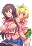  2girls aoi_manabu black_hair black_socks blazer blonde_hair blush bow breast_grab breasts closed_eyes drooling grabbing grabbing_from_behind green_bow green_eyes green_hairband hairband highres jacket kawaikereba_hentai_demo_suki_ni_natte_kuremasu_ka? koga_yuika large_breasts long_hair multiple_girls plaid plaid_skirt red_hairband short_hair skirt smile socks tokihara_sayuki white_socks 