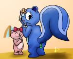 2024 accessory anthro big_tail blue_body bow_ribbon buckteeth butt chipmunk duo female gesture giggles_(htf) ground_squirrel hair_accessory hair_bow hair_ribbon hand_gesture happy_tree_friends head_flower jewelry mammal mephitid necklace petunia_(htf) pink_body rear_view ribbons rodent sciurid skunk tail teeth thumbs_up thumty