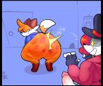  anthro ass_clapping bent_over big_butt big_penis blue_clothing blue_hoodie blue_topwear bodily_fluids bottomless butt canid canine clothed clothing digital_media_(artwork) door drooling duo fingerless_gloves fox genital_fluids genitals gloves hair handwear hat headgear headwear hi_res hoodie inside kaizo_(character) kaizocns looking_back male male/male mammal mouse_hole onomatopoeia partially_clothed penis picture_frame precum presenting presenting_hindquarters red_clothing red_hair red_hoodie red_topwear saliva smile sound_effects soups_(superiorfox) sparkling_eyes standing text thick_thighs top_hat topwear twerking 