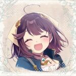  1girl :d ^_^ ahoge aihira_(aihira12) atelier_(series) atelier_sophie blush brown_background closed_eyes commentary_request facing_viewer fang happy headscarf highres jewelry necklace open_mouth red_hair short_hair smile solo sophie_neuenmuller upper_body 