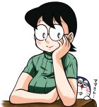  1girl black_eyes black_hair breasts closed_mouth doraemon doraemon_(character) glasses green_shirt hand_on_own_cheek hand_on_own_face hand_up highres medium_breasts nakagami_takashi nobi_tamako ribbed_shirt round_eyewear shirt short_hair short_sleeves simple_background smile split_mouth turtleneck white_background 