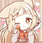  1girl artist_name avatar_2.0_project bangs blush bow bowtie brown_hair brown_shirt food fork fruit holding holding_food holding_fork laid-back_catgirl long_hair looking_at_viewer lowres one_eye_closed orange_bow orange_bowtie orange_eyes original shironappa shirt sidelocks solo strawberry triangle_mouth very_long_hair 