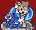 absurd_res ambiguous_penetration anthro balls blue_body blush blush_lines buckteeth canid canine canis collar doggystyle domestic_dog fan_character female from_behind_position genitals happy_tree_friends head_flower hi_res jewelry male male/female mammal mephitid merpzyberpzy necklace penetration penis petunia_(htf) pudding_(merpzyberpzy) red_background sex simple_background skunk spiked_collar spikes tagme tan_body teeth