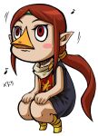  1girl animal_feet beak bird_girl bird_legs blush_stickers brown_hair character_name circlet closed_mouth dress eyelashes full_body hands_on_own_knees highres long_hair looking_away medli motion_lines musical_note nakagami_takashi pointy_ears ponytail purple_dress red_eyes red_tabard rito scarf simple_background smile solo squatting tabard the_legend_of_zelda the_legend_of_zelda:_the_wind_waker wavy_mouth white_background white_scarf 