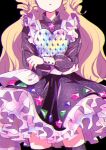  1girl aihira_(aihira12) black_background black_dress black_thighhighs blonde_hair commentary_request cowboy_shot crossed_arms dress frilled_dress frills head_out_of_frame idol_clothes idol_time_pripara long_hair long_sleeves open_mouth pretty_series pripara puffy_long_sleeves puffy_sleeves see-through_clothes see-through_sleeves solo standing star_(symbol) thighhighs yumekawa_yui 