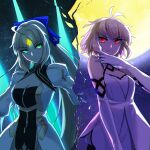  2girls arcueid_brunestud artoria_caster_(fate) artoria_caster_(third_ascension)_(fate) artoria_pendragon_(fate) blonde_hair crack facial_mark fate/grand_order fate_(series) forehead_mark glowing glowing_eyes green_eyes highres long_hair multiple_girls qi_huang_qin red_eyes serious short_hair smile 