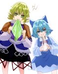  2girls absurdres bangs blonde_hair blue_bow blue_dress blue_eyes blue_hair bow cirno dress food green_eyes hair_bow highres holding holding_food long_sleeves looking_at_viewer mikan_(manmarumikan) mizuhashi_parsee mochi multicolored_clothes multiple_girls pointy_ears shirt short_hair simple_background touhou white_background white_shirt 