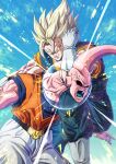  2boys absurdres battle biceps black_sclera blonde_hair blue_sash blue_shirt blue_sky clenched_hand cloud colored_sclera colored_skin colored_tongue commentary_request day dougi dragon_ball dragon_ball_z earrings elbowing electricity energy gloves green_eyes green_tongue highres jewelry knee_up kneeing looking_at_another looking_down majin_buu male_focus mocky_art multiple_boys muscular muscular_male no_eyebrows open_mouth orange_shirt outdoors pants parted_lips pink_skin potara_earrings red_eyes sash shirt short_sleeves sky smile spiked_hair super_buu super_saiyan super_saiyan_1 teeth tongue v-shaped_eyebrows vegetto veins white_gloves white_pants 