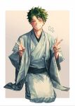  166_172 1boy boku_no_hero_academia border closed_eyes double_v freckles gradient_background green_hair green_sash grey_background haori highres japanese_clothes kimono light_blush male_focus midoriya_izuku obi parted_lips sash scar scar_on_face seiza simple_background sitting smile solo two-tone_background v white_border 