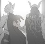  10_1000ri 2girls armor artist_name cape cape_grab cleanrot_knight_finlay clothes_grab cowboy_shot elden_ring facing_away from_behind fur-trimmed_cape fur_trim greyscale helmet long_hair malenia_blade_of_miquella mechanical_arms monochrome multiple_girls pauldrons prosthesis prosthetic_arm scar scar_on_arm shoulder_armor signature single_mechanical_arm twitter_username wavy_hair winged_helmet yuri 