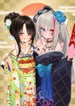  2girls :p absurdres alternate_hairstyle bare_shoulders blue_eyes blush breasts brown_eyes brown_hair c-ms_(girls&#039;_frontline) cleavage collarbone girls&#039;_frontline grey_hair grin hagoita hair_ornament heterochromia highres japanese_clothes kimono long_hair looking_at_viewer mdr_(girls&#039;_frontline) medium_breasts multicolored_hair multiple_girls new_year ohichi16 paddle pink_eyes pink_hair small_breasts smile streaked_hair tongue tongue_out very_long_hair 