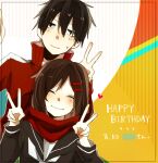  1boy 1girl ^_^ atoaru05 bangs black_eyes black_hair black_sailor_collar black_serafuku brown_hair casual censored_text closed_eyes closed_mouth dated double_v hair_ornament hairclip happy_birthday heart jacket kagerou_project kisaragi_shintarou long_sleeves looking_away mekakucity_actors mixed-language_text multicolored_background neckerchief open_clothes open_jacket outside_border popped_collar red_jacket red_scarf sailor_collar scarf school_uniform serafuku short_hair sleeve_cuffs smile striped sweat tateyama_ayano track_jacket upper_body v vertical_stripes white_neckerchief 