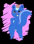 2021 anthro big_tail blue_body blush buckteeth butt curvy_figure female hand_on_hip happy_tree_friends head_flower hi_res j.fbelen looking_back mammal mephitid petunia_(htf) seductive simple_background skunk solo tagme tail teeth
