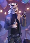  2022 anthro beverage black_claws black_clothing black_horn black_nose black_pawpads black_topwear blue_eyes blurred_background bottomwear claws clothed clothing dated felid finger_claws front_view fur glistening glistening_eyes grey_body grey_bottomwear grey_clothing grey_fur grey_jacket grey_pants grey_topwear hi_res holding_beverage holding_object horn jacket looking_at_viewer lostgoose male mammal open_mouth open_smile pants pawpads pink_tongue portrait pupils ridged_horn signature slit_pupils smile solo standing three-quarter_portrait tongue topwear whiskers white_body white_fur 