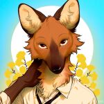  1:1 anthro azuza black_nose brown_body brown_fur bust_portrait canid cheek_tuft clothed clothing facial_tuft floral_background front_view fur glistening glistening_eyes hi_res inner_ear_fluff looking_at_viewer male mammal mouth_closed neck_tuft orange_body orange_fur portrait red_eyes signature simple_background solo tan_body tan_fur tan_inner_ear_fluff topwear tuft white_clothing white_topwear 