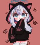  1girl animal_ear_legwear animal_ears animal_hood animal_print black_coat black_pajamas blue_eyes blush cat_ear_legwear cat_ears cat_pajamas cat_print coat crescent_halo eversoul fake_animal_ears glitched_halo hair_between_eyes halo hand_on_own_cheek hand_on_own_face highres hood hoodie korean_commentary long_sleeves mephistopheles_(eversoul) open_mouth pajamas pink_background sidelocks signature simple_background sleeves_past_fingers sleeves_past_wrists solo thighhighs two-tone_dress upper_body white_hair white_thighhighs zzoro_213 