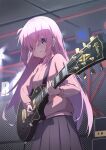  1girl absurdres bangs blue_eyes bocchi_the_rock! closed_mouth electric_guitar gibson_les_paul gotou_hitori grey_skirt guitar hair_between_eyes hair_over_eyes highres holding holding_instrument instrument jacket long_hair long_sleeves music pink_hair pink_jacket playing_instrument pleated_skirt sidelocks skirt solo sweat taitan track_jacket 