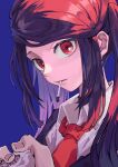  1girl absurdres black_hair blue_background cigarette cigarette_pack eyelashes formal highres jill_stingray long_hair mouth_hold necktie red_eyes red_lightning red_necktie simple_background smoking solo suit tobacco va-11_hall-a xiaomai_yorik 