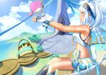  1girl :d absurdres ahoge bare_arms bare_shoulders black_socks blue_skirt blue_sky blue_trim blurry blurry_background body_markings braid breasts cloud cloudy_sky crop_top day feet_out_of_frame fingerless_gloves from_side genshin_impact gloves headband high_ponytail highres looking_ahead medium_breasts midriff miniskirt mualani_(genshin_impact) open_mouth outdoors outstretched_arms red_eyes shirt sitting skirt sky smile socks solo teeth twin_braids upper_teeth_only watatai white_gloves white_hair white_shirt 