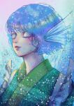  1girl absurdres bangs blue_eyes blue_hair closed_mouth commentary_request floral_background frills green_kimono head_fins highres japanese_clothes kimono lips short_hair solo touhou touka_yoiko upper_body wakasagihime 