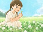  1girl bangs black_eyes blue_sky braid bright_pupils brown_hair casual clover dandelion day dress field flower flower_field four-leaf_clover happy hill holding holding_leaf landscape leaf looking_at_object low_twintails nature open_mouth original outdoors short_sleeves sky smile solo squatting tokoyu twin_braids twintails white_dress white_flower 