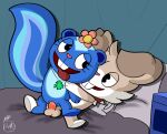 2024 absurd_res anthro balls bed big_tail blue_body blush blush_lines buckteeth canid canine canis collar domestic_dog fan_character female fucked_silly furniture genitals happy_tree_friends head_flower hi_res male male/female mammal mephitid merpzyberpzy on_bed open_mouth penetration penis petunia_(htf) pudding_(merpzyberpzy) pussy sex skunk spiked_collar spikes tagme tail tan_body teeth tongue tongue_out vaginal vaginal_penetration