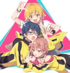  3boys ahoge asahi_sora blonde_hair blue_background blue_eyes blue_hair blush dankira!!! glasses hinata_mahiru male_focus merry_panic_(dankira!!!) multicolored_background multiple_boys open_mouth otoko_no_ko pink_background pink_eyes pink_hair riku_(melty_drop) short_hair smile sweatdrop triangle white_background yano_reiji yellow_eyes 