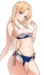  bikini blonde_hair blue_eyes breasts censored cleavage cowboy_shot foreskin futanari head_tilt highres long_hair looking_at_viewer medium_breasts mosaic_censoring navel original penis penis_out phimosis shiratama_(monster1553) side-tie_bikini_bottom simple_background swimsuit white_background 