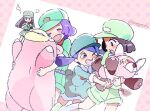  4girls :d =3 ^_^ anger_vein angry aqua_headwear black_eyes black_hair blue_dress blue_eyes blue_headwear blush bright_pupils cheek_press closed_eyes colored_eyelashes dress green_headwear green_shorts hat holding holding_pokemon kneehighs long_hair mizutani_megumi multiple_girls one_eye_closed open_mouth outstretched_arms picnicker_(pokemon) poke_ball poke_ball_(basic) pokemon pokemon_(creature) pokemon_(game) pokemon_dppt pokemon_frlg pokemon_rgby pokemon_rse short_hair short_sleeves shorts slowpoke smile socks stufful twintails white_pupils white_socks 