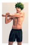  166_172 1boy black_shorts boku_no_hero_academia border freckles gradient_background green_eyes green_hair highres male_focus midoriya_izuku navel nipples one_eye_closed open_mouth scar scar_on_arm scar_on_face scar_on_hand scar_on_stomach shorts simple_background single_tear solo standing stretching toned toned_male topless_male two-tone_background white_border yawning 