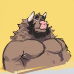  anthro beard bovid bovine brown_body brown_fur cattle facial_hair fur hair horn juicestandmango male mammal moobs nipples simple_background solo white_eyes 