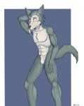  2021 abs anthro beastars blush bodily_fluids chest_tuft chin_tuft claws ears_up facial_tuft featureless_crotch fur hand_behind_head hi_res inner_ear_fluff jimfoxx legoshi_(beastars) looking_at_viewer male navel nervous nervous_smile nervous_sweat nude raised_tail signature smile smiling_at_viewer solo standing sweat sweatdrop tail tuft 