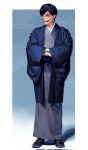  166_172 1boy black_socks blue_background blue_eyes blue_hair blue_haori boku_no_hero_academia border full_body glasses grey_kimono haori highres iida_tenya japanese_clothes kimono looking_at_viewer male_focus open_mouth sandals seigaiha simple_background socks solo standing tabi two-tone_background white_border zouri 