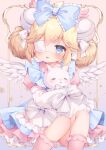  1girl animal animal_hug apron bell blonde_hair blue_apron blue_bow blue_eyes blush bow cat commentary cutesu_(cutesuu) double_bun dress feathered_wings feet_out_of_frame frilled_bow frilled_socks frills hair_bell hair_bow hair_bun hair_ornament heart heart-shaped_pupils highres jingle_bell layered_sleeves long_sleeves open_mouth original pink_dress pink_socks piyodera_mucha puffy_short_sleeves puffy_sleeves short_over_long_sleeves short_sleeves sidelocks sleeves_past_fingers sleeves_past_wrists socks solo striped striped_bow symbol-only_commentary symbol-shaped_pupils white_bow white_cat white_wings wings 