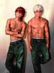  166_172 2boys against_wall bakugou_katsuki belt belt_buckle black_belt black_male_underwear blonde_hair boku_no_hero_academia buckle collarbone crossed_arms dog_tags green_pants highres jewelry kirishima_eijiro looking_at_viewer male_focus male_underwear multiple_boys navel necklace nipples pants parted_lips pectorals red_eyes red_hair scar scar_on_arm scar_on_chest scar_on_face scar_on_shoulder scar_on_stomach simple_background spiked_hair sweatband toned toned_male topless_male underwear 