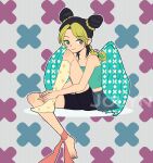  ankle_ribbon bike_shorts black_hair blue_wings blush braid double_bun earrings green_eyes green_hair hair_bun jewelry jojo_no_kimyou_na_bouken kujo_jolyne laphy leg_ribbon multicolored_hair pleated_skirt ribbon single_sock sitting skirt sleeveless smile socks tank_top wings 