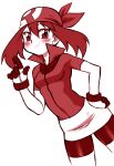  1girl bandana bangs bike_shorts bike_shorts_under_skirt blush breasts closed_mouth cowboy_shot gloves hair_between_eyes hand_on_hip hand_up high_collar highres legs_apart long_hair looking_at_viewer may_(pokemon) miniskirt nakagami_takashi pokemon pokemon_(game) pokemon_rse red_theme shirt short_sleeves simple_background skirt small_breasts smile solo standing white_background 