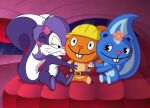 2019 accessory anthro armless beaver big_tail blue_body blush buckteeth car crossover culu-bluebeaver female fifi_la_fume group hair hair_accessory hair_ribbon handy_(htf) happy_tree_friends head_flower hi_res hug inside_car inside_vehicle male mammal mephitid on_model orange_body petunia_(htf) purple_body purple_hair ribbons rodent skunk tagme tail teeth tiny_toon_adventures trio vehicle warner_brothers