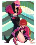  2girls breasts capcom cleavage crossover fur_collar gloves hair_over_eyes highres jaliet_exe large_breasts looking_at_viewer manon_(street_fighter) multiple_girls pink_hair ponytail red_hair shermie_(kof) sitting snk street_fighter street_fighter_6 sunglasses the_king_of_fighters the_king_of_fighters_xv thighs trait_connection 