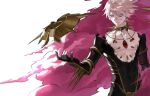  1boy absurdres bare_pectorals bishounen black_bodysuit blue_eyes bodysuit center_opening chest_jewel choker eyeliner fate/grand_order fate_(series) floating floating_object gem hair_between_eyes highres karna_(fate) kavacha_(fate) kundala_(fate) looking_at_object makeup male_focus pale_skin pectorals potato_goril red_eyeliner red_gemstone red_pupils simple_background solo spiked_choker spikes toned toned_male upper_body white_background white_hair 