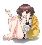  1girl :d akiyama_yukari alternate_costume bangs barefoot bean_bag_chair blush breasts brown_eyes brown_hair cellphone collarbone crossed_legs eyelashes feet full_body girls_und_panzer grey_jacket hands_up highres holding holding_phone hood hooded_jacket jacket knees_up leaning_back legs legs_together long_legs looking_to_the_side medium_hair messy_hair nail_polish no_bra no_pants open_clothes open_jacket panties phone pink_nails shadow shiina_excel shiny_hair simple_background small_breasts smartphone smile solo spread_toes swept_bangs thighs toe_scrunch toenail_polish toenails toes underwear white_background white_panties 