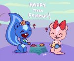 2021 accessory anthro blue_body bow_ribbon buckteeth container cookie cup eyes_closed female food giggles_(htf) hair_accessory hair_bow hair_ribbon happy happy_tree_friends head_flower j.fbelen mammal mephitid petunia_(htf) pink_body ribbons skunk smile solo tea_cup teapot teeth text
