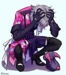  aqua_hair black_gloves coat etkunnn gavis_bettel gloves gradient_hair grey_hair hands_on_own_head high_heels highres holostars holostars_english multicolored_clothes multicolored_hair pink_hair squatting virtual_youtuber 