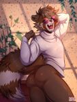  anthro bodily_fluids bottomless brown_body brown_fur brown_hair butt clothed clothing eyewear fangs fluffy fluffy_tail fur glasses hair hi_res looking_at_viewer looking_back looking_back_at_viewer male mammal markings open_mouth partially_clothed procyonid raccoon rear_view round_glasses ryai_(character) solo striped_markings striped_tail stripes sweater sweater_only tail tail_markings tears teeth topwear topwear_only turtleneck yawn ziffir 