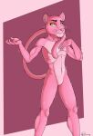  2021 anthro bedroom_eyes claws fangs featureless_crotch felid fur glistening glistening_body glistening_eyes glitter hi_res inner_ear_fluff jimfoxx looking_at_viewer male mammal narrowed_eyes nude pantherine pink_body pink_fur pink_panther raised_tail seductive signature smile smiling_at_viewer smirk solo standing tail tail_around_neck teeth tuft whiskers yellow_eyes 