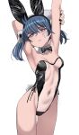  1girl animal_ears armpits arms_up bandaid bandaid_on_cheek bandaid_on_face black_bow black_bowtie black_hairband black_leotard black_nails blue_hair bow bowtie breasts cowboy_shot detached_collar earrings english_commentary expressionless fake_animal_ears groin hair_ornament hairband highleg highleg_leotard highres jewelry ji-yoon_(jourd4n) jourd4n leotard looking_at_viewer meme_attire navel original outstretched_arm parted_lips pink_eyes playboy_bunny rabbit_ears rabbit_tail see-through see-through_leotard simple_background skull_hair_ornament small_breasts solo standing strapless strapless_leotard tail translucent_bunnysuit twintails white_background 