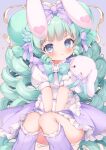  1girl :i animal animal_ears apron bangs between_legs blue_bow blue_eyes blush bow closed_mouth commentary drill_hair feet_out_of_frame frilled_apron frilled_bow frilled_skirt frilled_socks frills green_hair hair_bow hand_between_legs heart heart-shaped_pupils highres kneehighs long_hair loose_socks miruku_(cutesuu) original piyodera_mucha pout puffy_short_sleeves puffy_sleeves purple_bow purple_skirt purple_socks rabbit rabbit_ears ribbed_legwear shirt short_sleeves skirt socks solo suspender_skirt suspenders symbol-only_commentary symbol-shaped_pupils v-shaped_eyebrows very_long_hair waist_apron white_apron white_shirt 