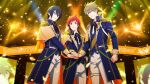  3boys ahoge black_hair clenched_hand collared_shirt dramatic_stars_(idolmaster) epaulettes facial_hair fingernails goatee green_hair hair_between_eyes highres idol idolmaster idolmaster_side-m kashiwagi_tsubasa long_sleeves looking_at_viewer male_focus multiple_boys official_art sakuraba_kaoru shirt smile stage_lights tendo_teru 